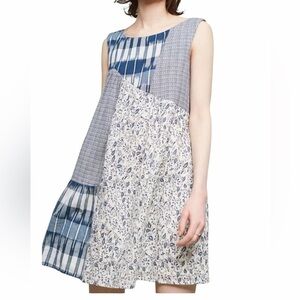 Anthropologie Holding Horses "Ivy" Blue Mixed Print Patchwork Swing Dress S